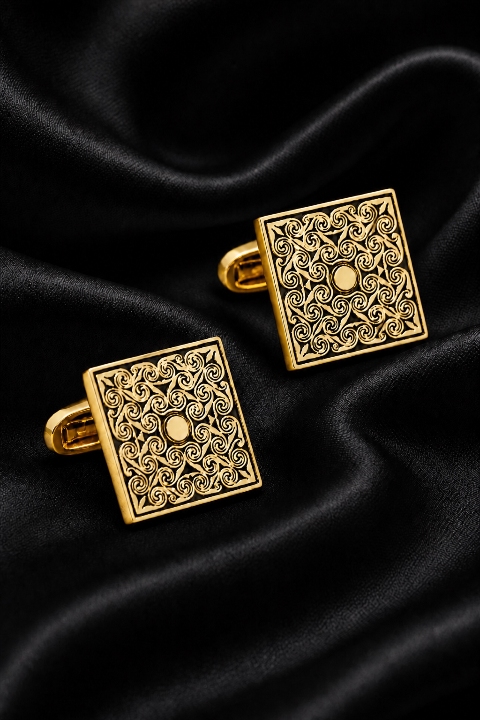 Bright Gold Cufflinks on Black Silk from Gentlemansguru.com