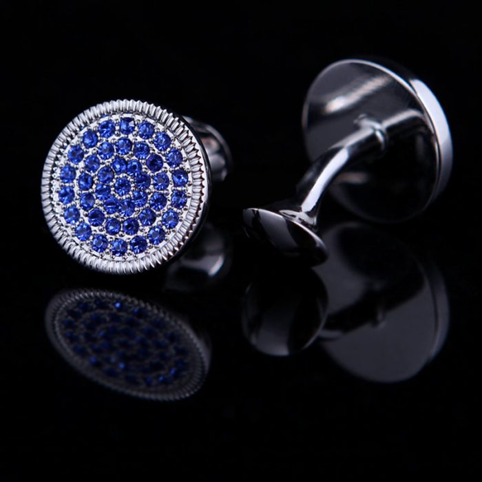 Blue Crystal Silver Round Cufflinks Set from Gentlemansguru.com