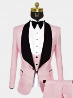 Floral Light Pink Tuxedo Suit With Black Shawl Lapel