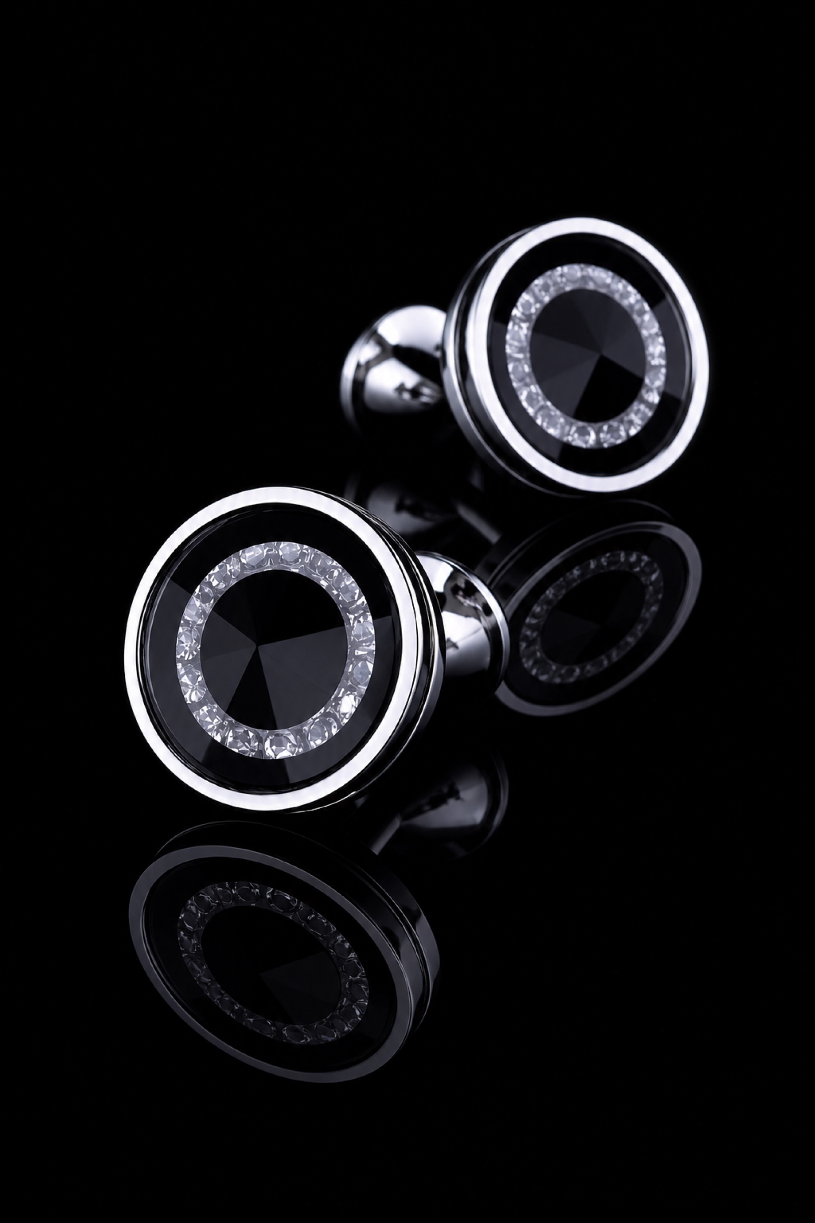Elegant Crystal Black Round Cufflinks Thumbnail from Gentlemansguru.com