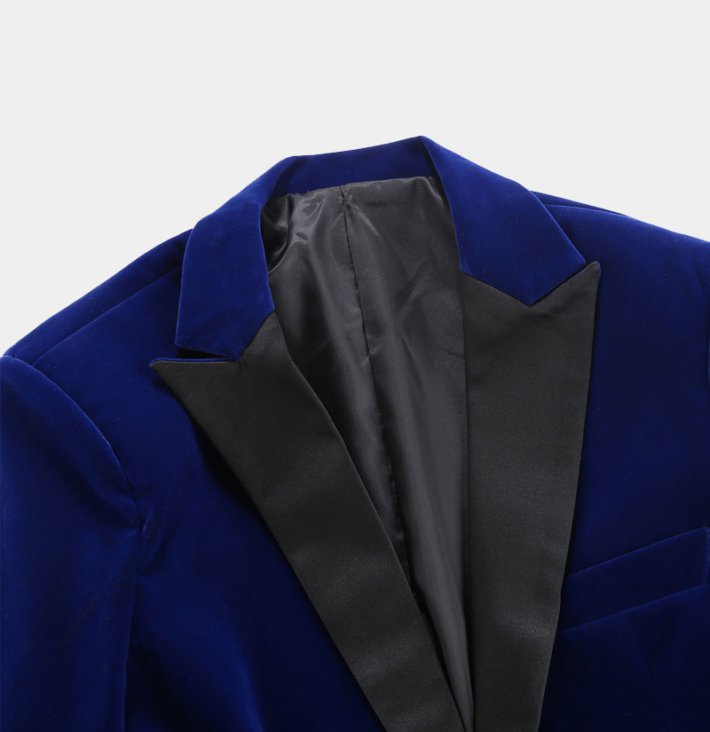 Black Peak Collar Blue Velvet Tuxedo Blazer from Gentlemansguru.com