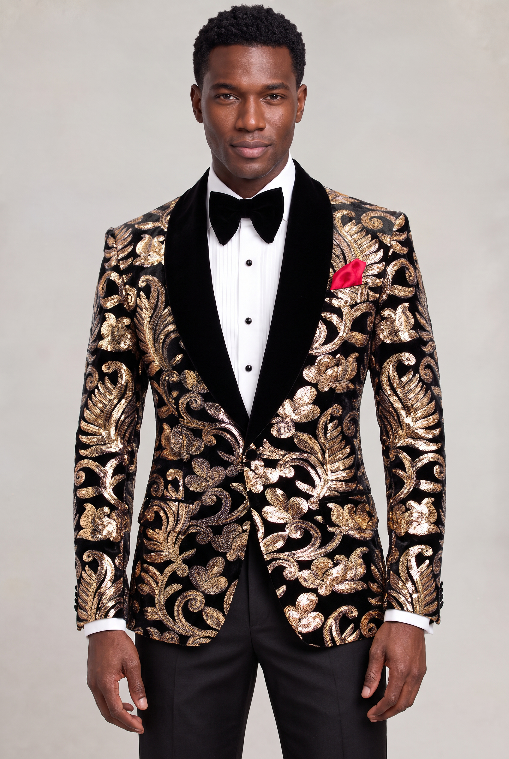 Black and Gold Velvet Tuxedo Jacket Front Jacket Length Portrait from Gentlemansguru.com