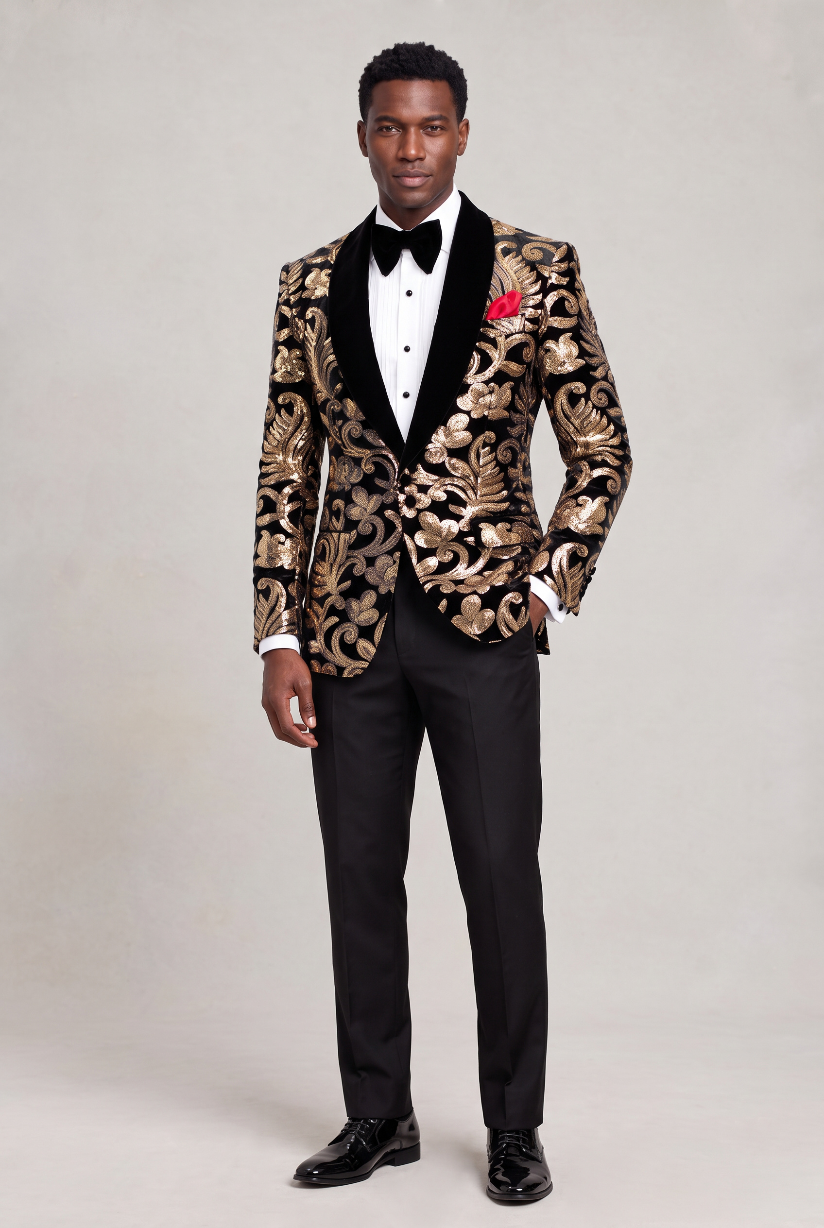 Black and Gold Velvet Tuxedo Jacket Full Body Standing from Gentlemansguru.com