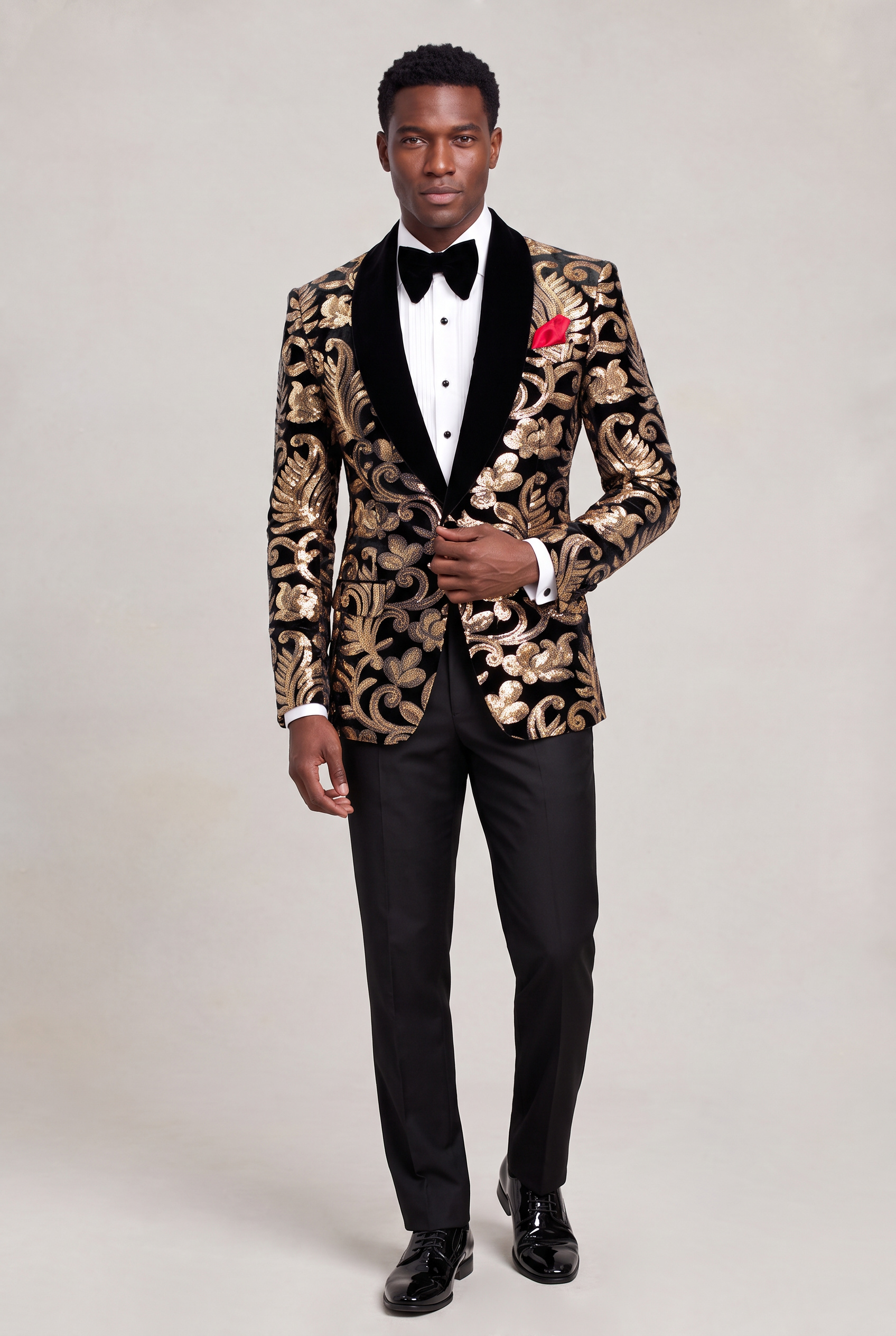 Black and Gold Velvet Tuxedo Jacket Full Body Tailored Pose from Gentlemansguru.com