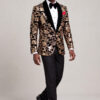 Black and Gold Velvet Tuxedo Jacket Full Body Walking from Gentlemansguru.com