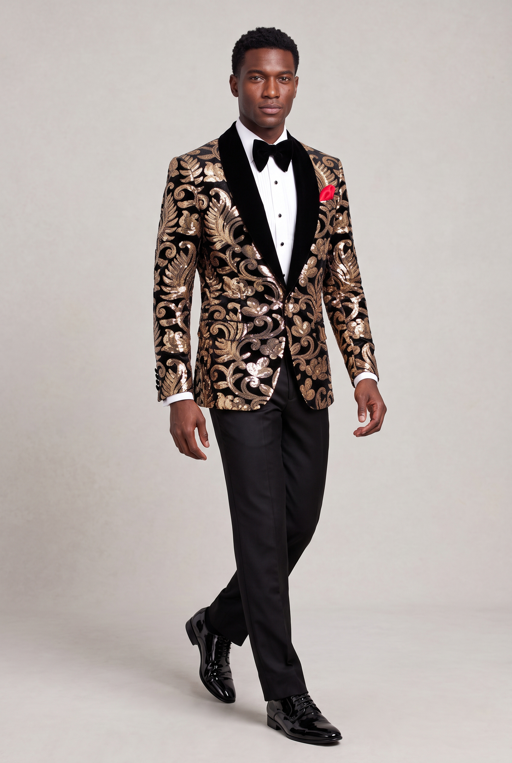 Black and Gold Velvet Tuxedo Jacket Full Body Walking from Gentlemansguru.com