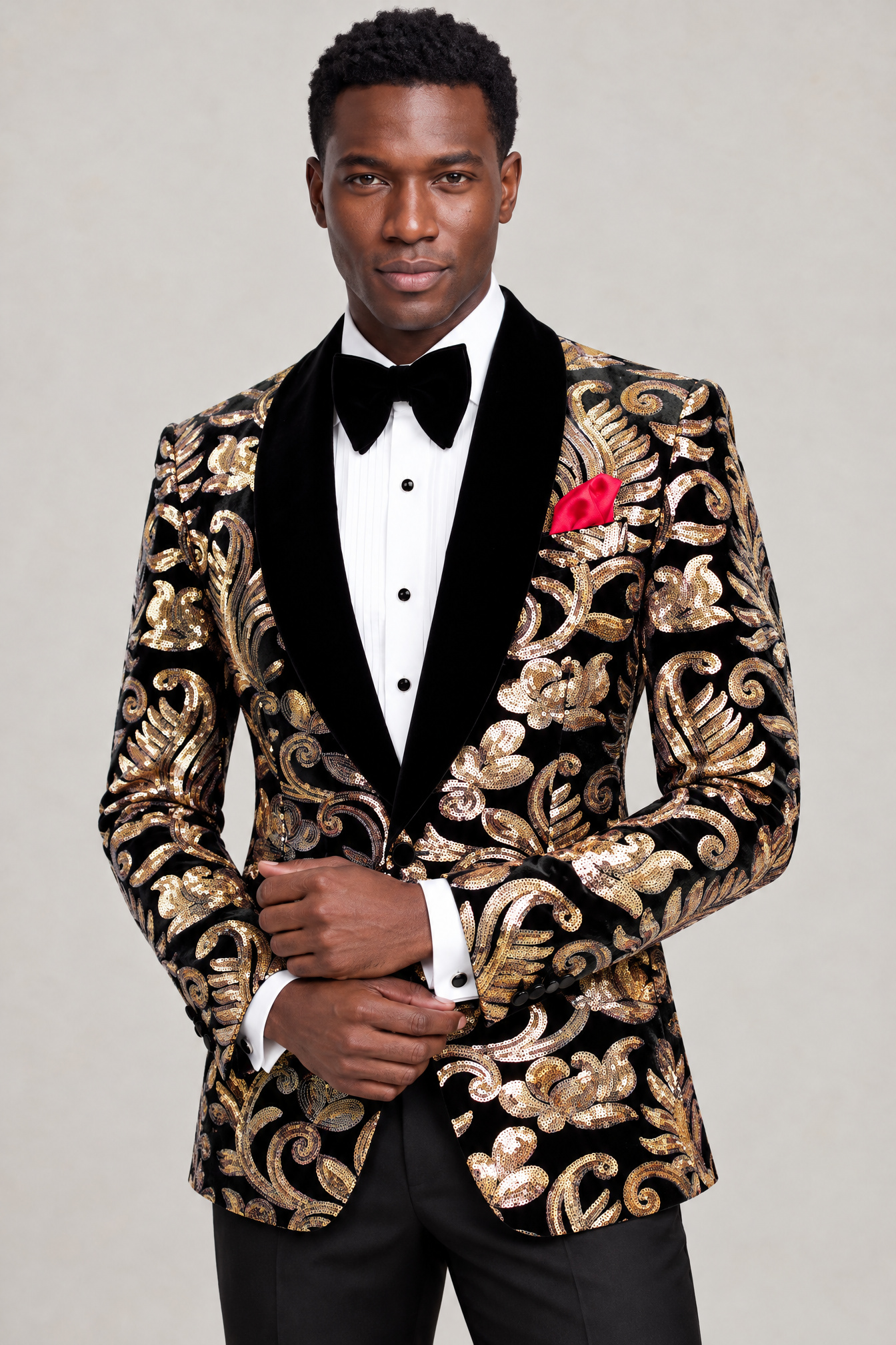 Black and Gold Velvet Tuxedo Jacket Jacket Length Thumbnail with Black Shawl Lapel from Gentlemansguru.com