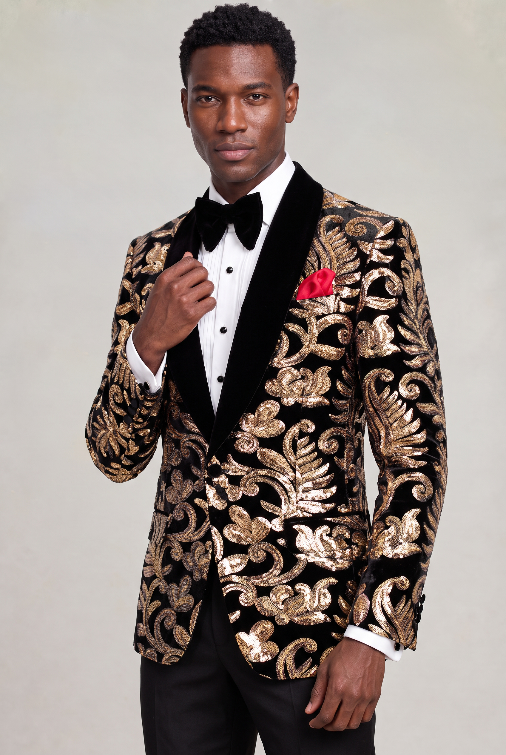 Black and Gold Velvet Tuxedo Jacket Three Quarter Jacket Length Portrait from Gentlemansguru.com