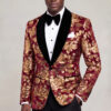 Burgundy and Gold Velvet Tuxedo Jacket angled portrait with black shawl lapel from Gentlemansguru.com