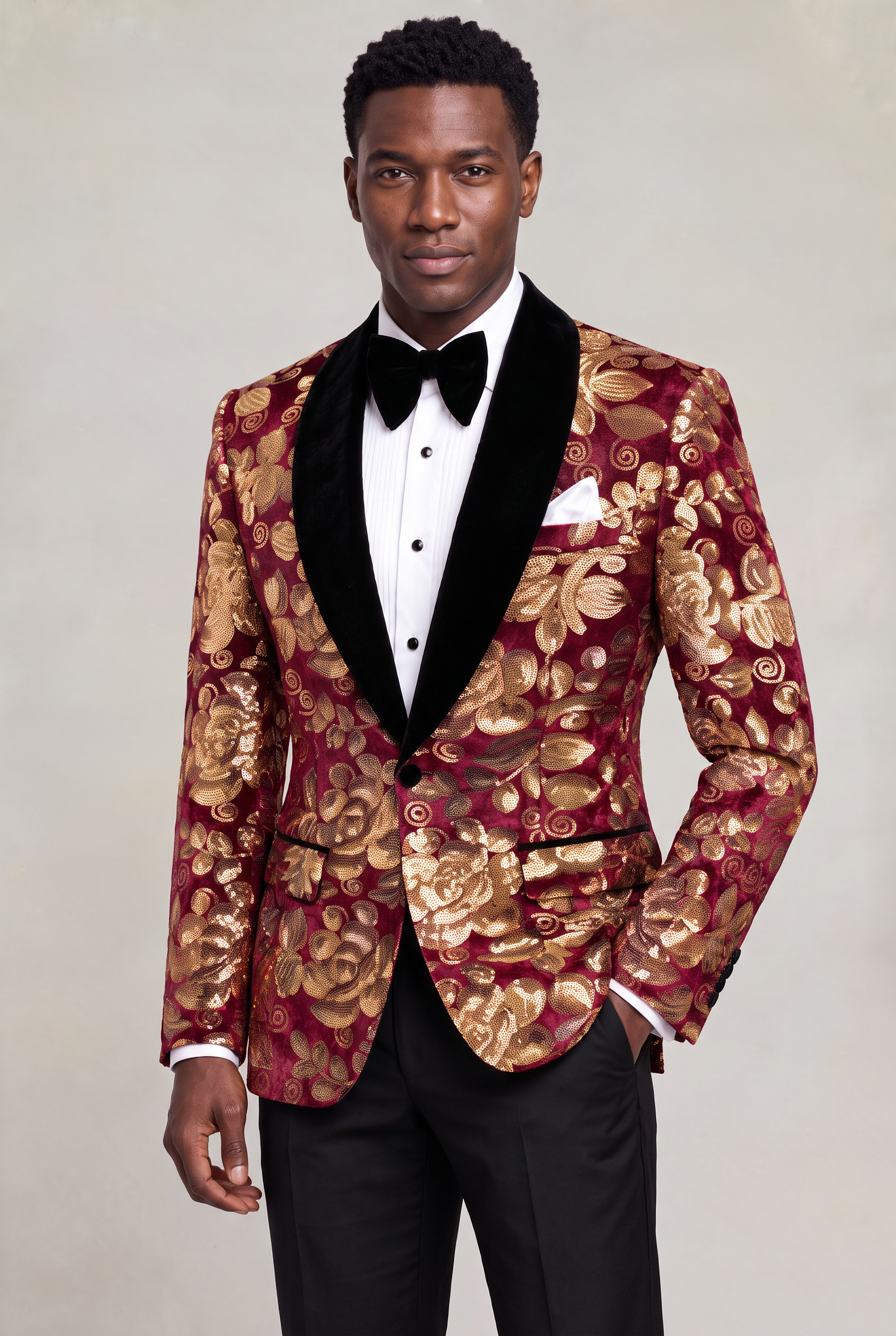 Burgundy and Gold Velvet Tuxedo Jacket angled portrait with black shawl lapel from Gentlemansguru.com