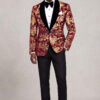 Burgundy and Gold Velvet Tuxedo Jacket full body angled standing with black bow tie and trousers from Gentlemansguru.com