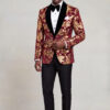 Burgundy and Gold Velvet Tuxedo Jacket full body tailored pose with black bow tie and trousers from Gentlemansguru.com