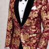 Burgundy and Gold Velvet Tuxedo Jacket close up of gold floral sequins black shawl lapel and white pocket square from Gentlemansguru.com
