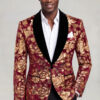 Burgundy and Gold Velvet Tuxedo Jacket with crisp open collar white dress shirt and no tie from Gentlemansguru.com