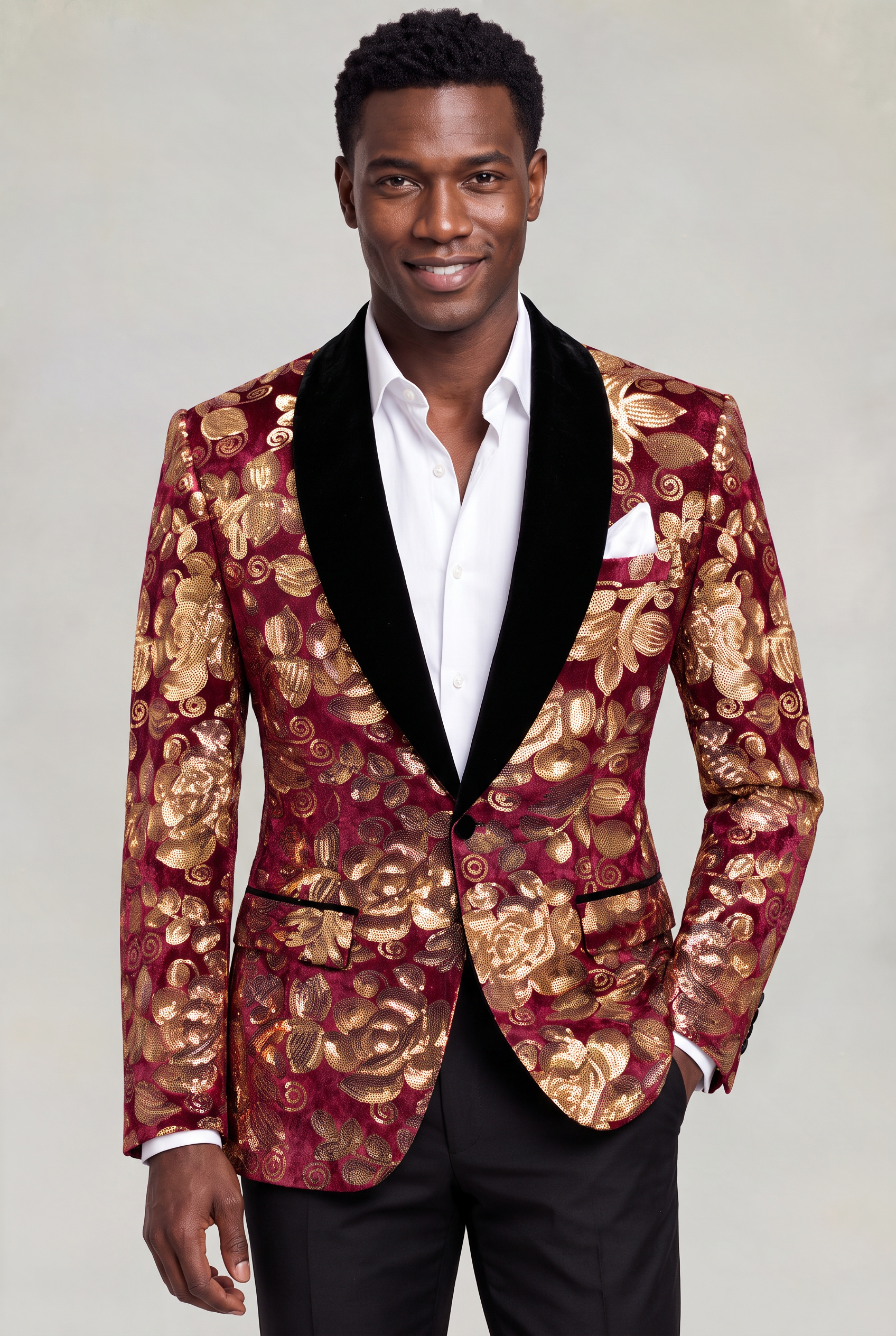 Burgundy and Gold Velvet Tuxedo Jacket with crisp open collar white dress shirt and no tie from Gentlemansguru.com