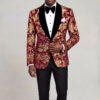 Burgundy and Gold Velvet Tuxedo Jacket front pose adjusting the single button from Gentlemansguru.com