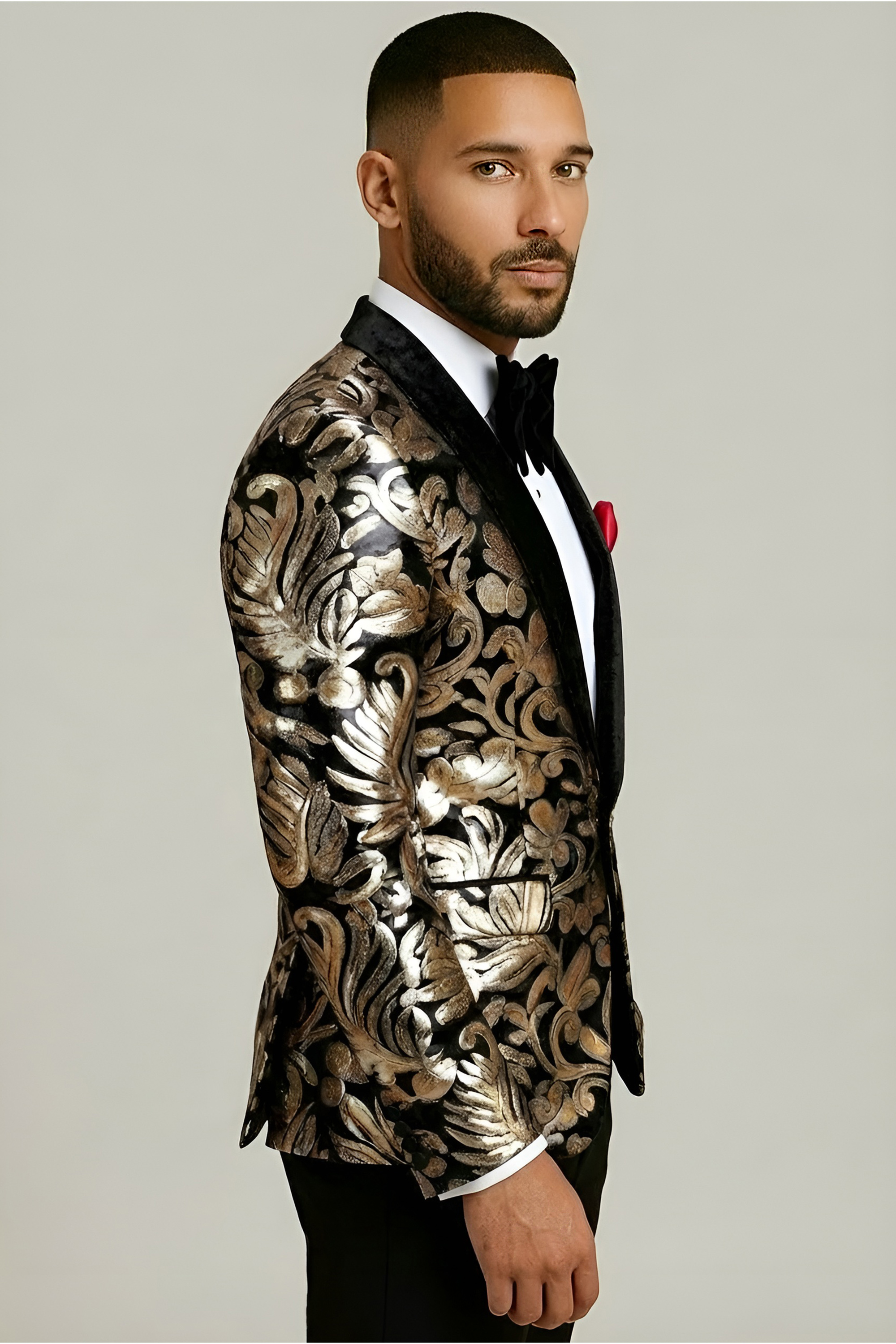 Black & Gold Velvet Tuxedo Jacket with Sequins - Image 2