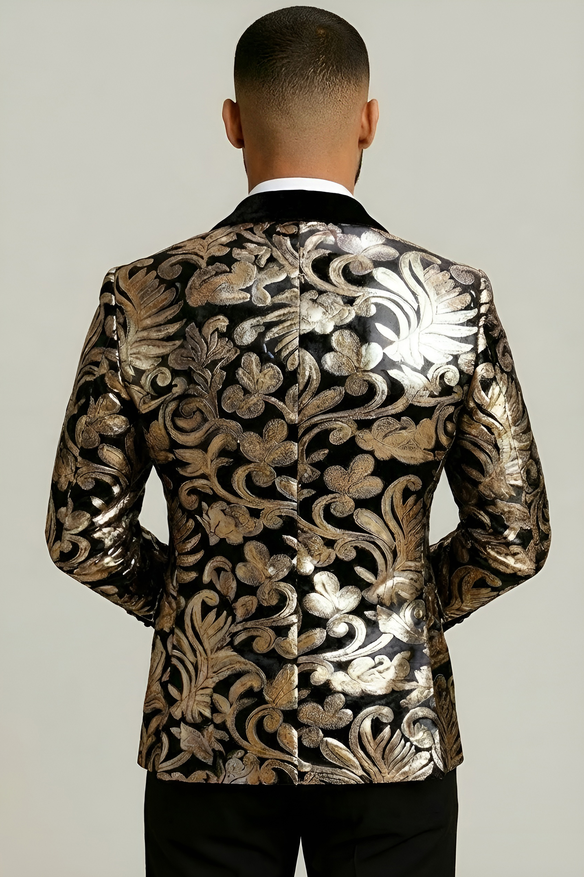 Black & Gold Velvet Tuxedo Jacket with Sequins - Image 3