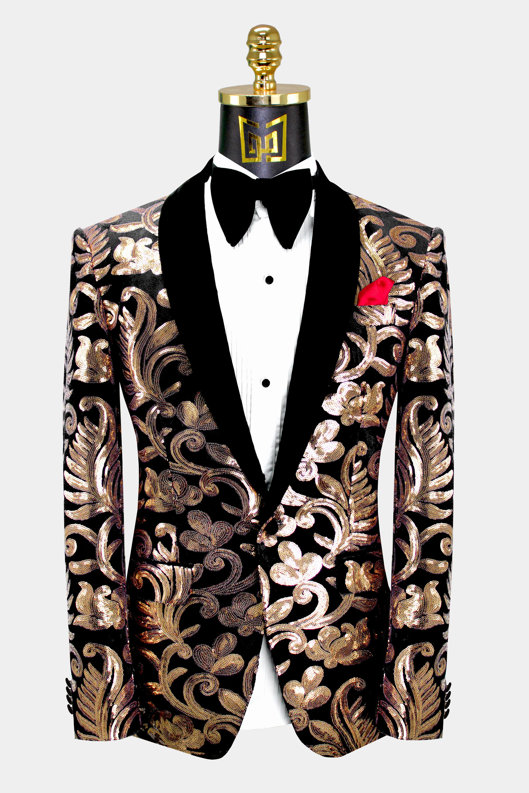 Black & Gold Velvet Tuxedo Jacket with Sequins