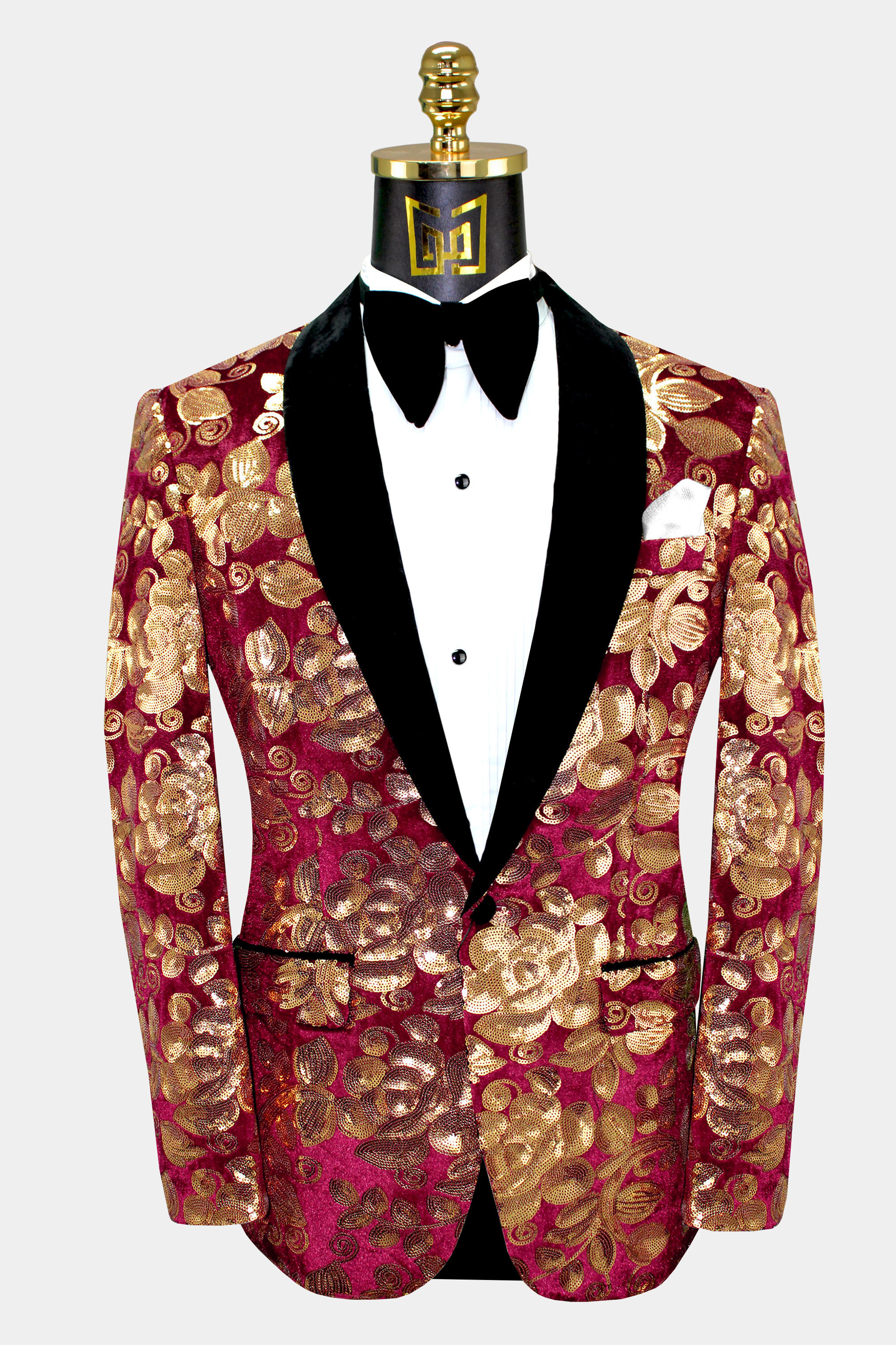 Burgundy & Gold Velvet Tuxedo Jacket with Sequins