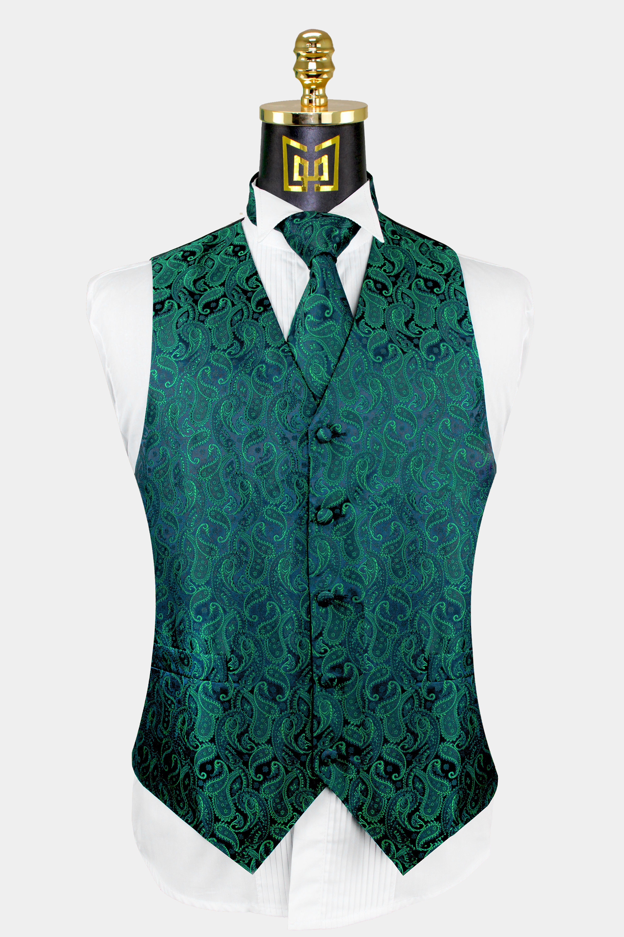 DQT Woven Floral Paisley Emerald Green Mens Wedding Waistcoat & Tie Set 