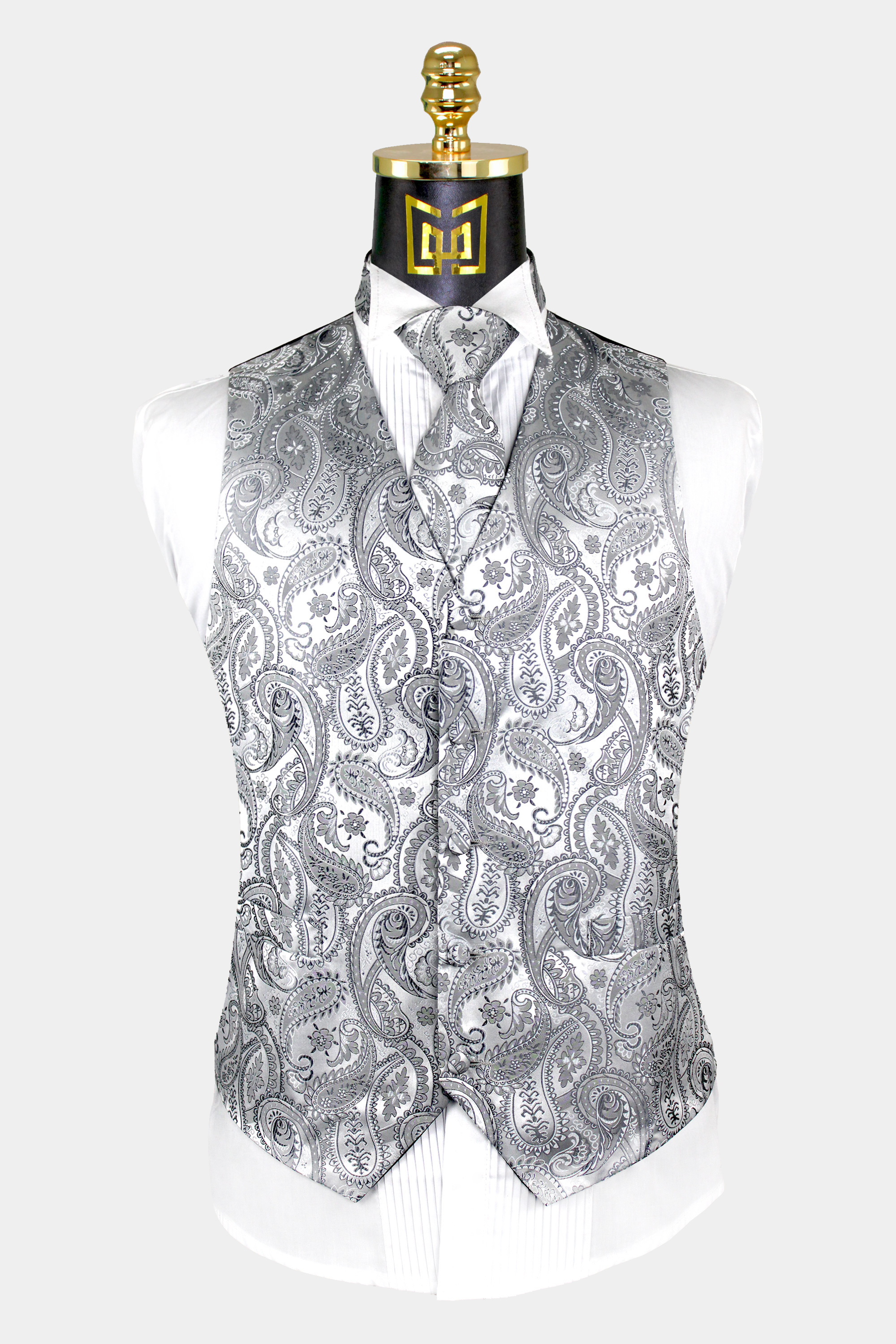 Silver Paisley Vest & Tie Set - 3 Piece