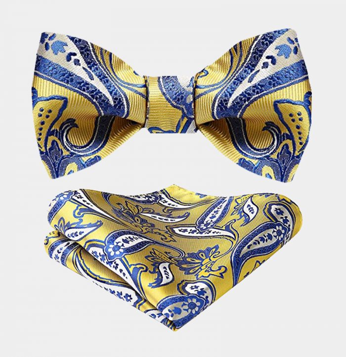 Yellow And Blue Paisley Bow Tie Set - Gentleman's Guru