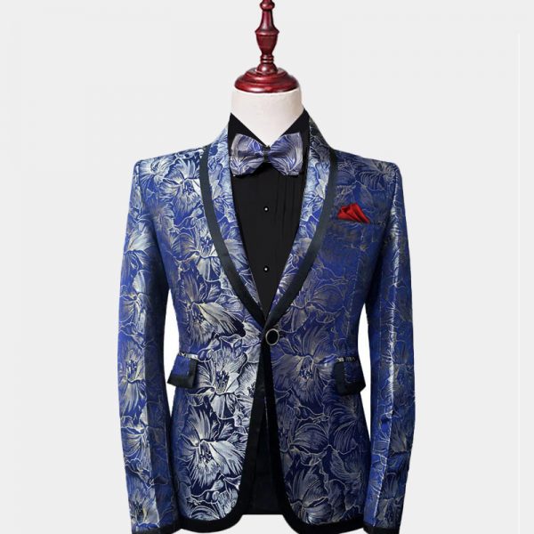 Blue Floral Tuxedo Jacket With Black Trim Gentleman's Guru