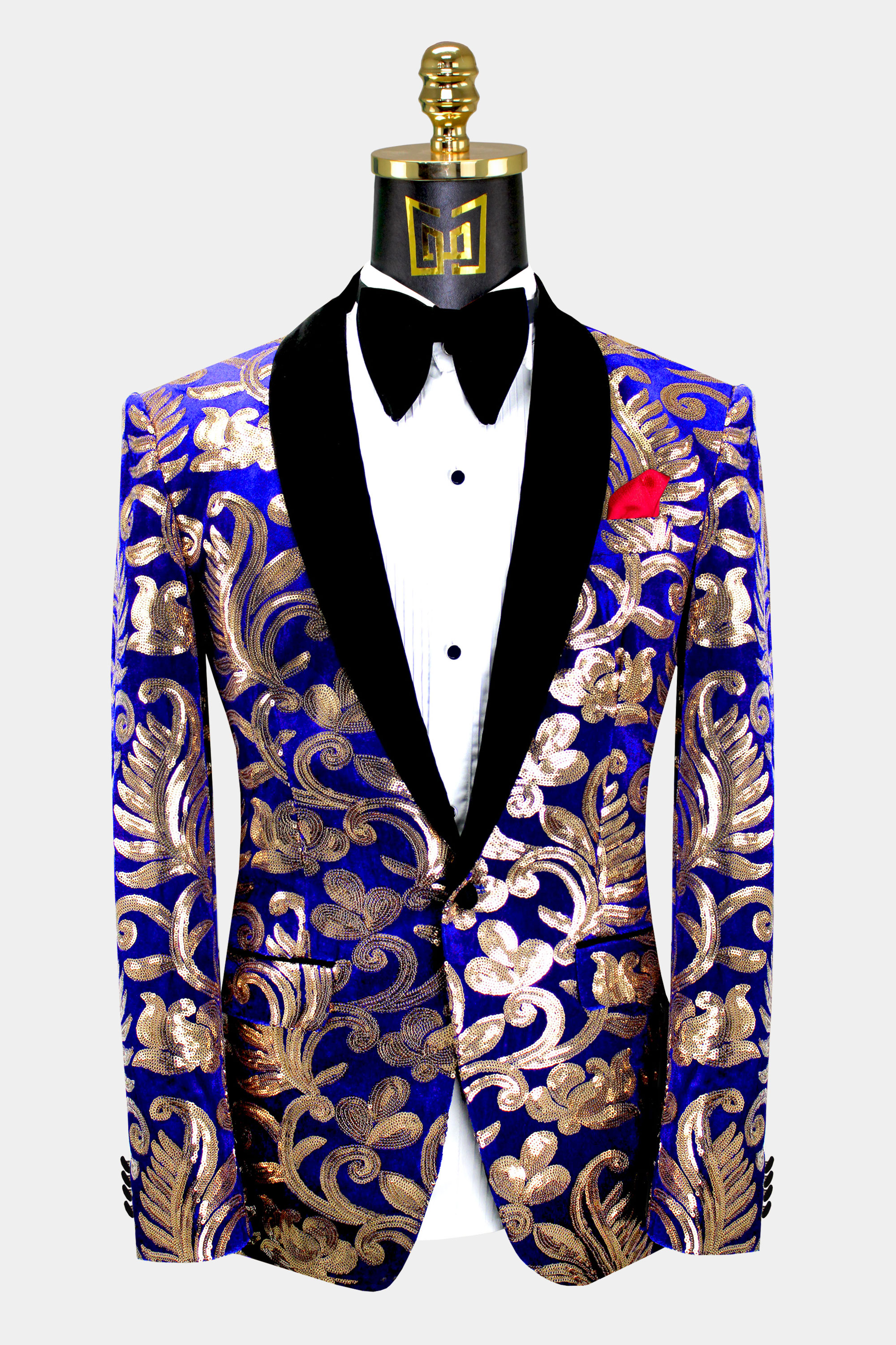 Floral Royal Blue & Gold Sequin Tuxedo Jacket