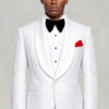 Front portrait of an all-white floral tuxedo with white shawl lapels and matching trousers from Gentleman's Guru