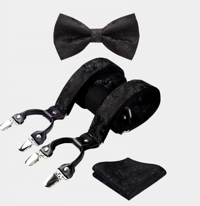 Black Floral Bow Tie And Suspenders Set from Gentlemansguru.com