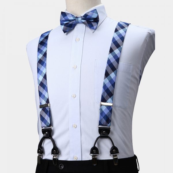 Blue And White Plaid Bow Tie And Suspenders Set Gentleman's Guru
