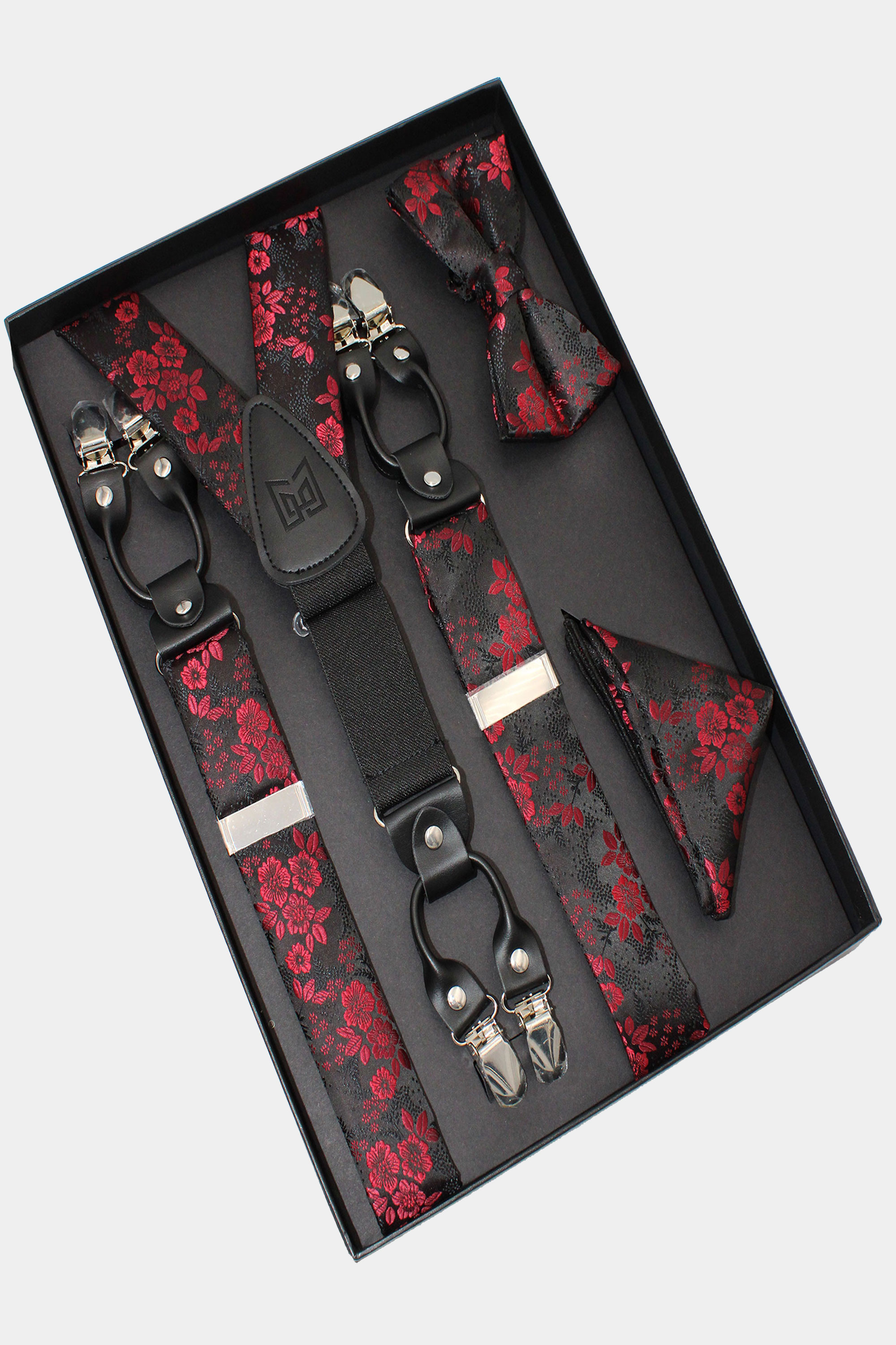 Burgundy Floral Bow Tie & Suspenders Set