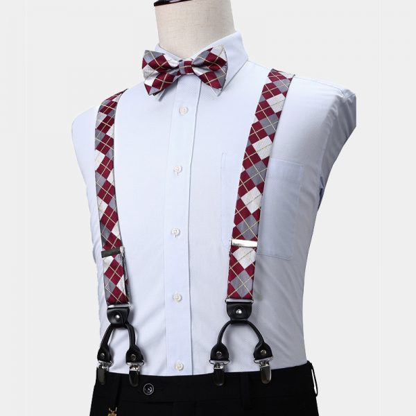 Burgundy Plaid Bow Tie And Suspenders Set Gentleman's Guru