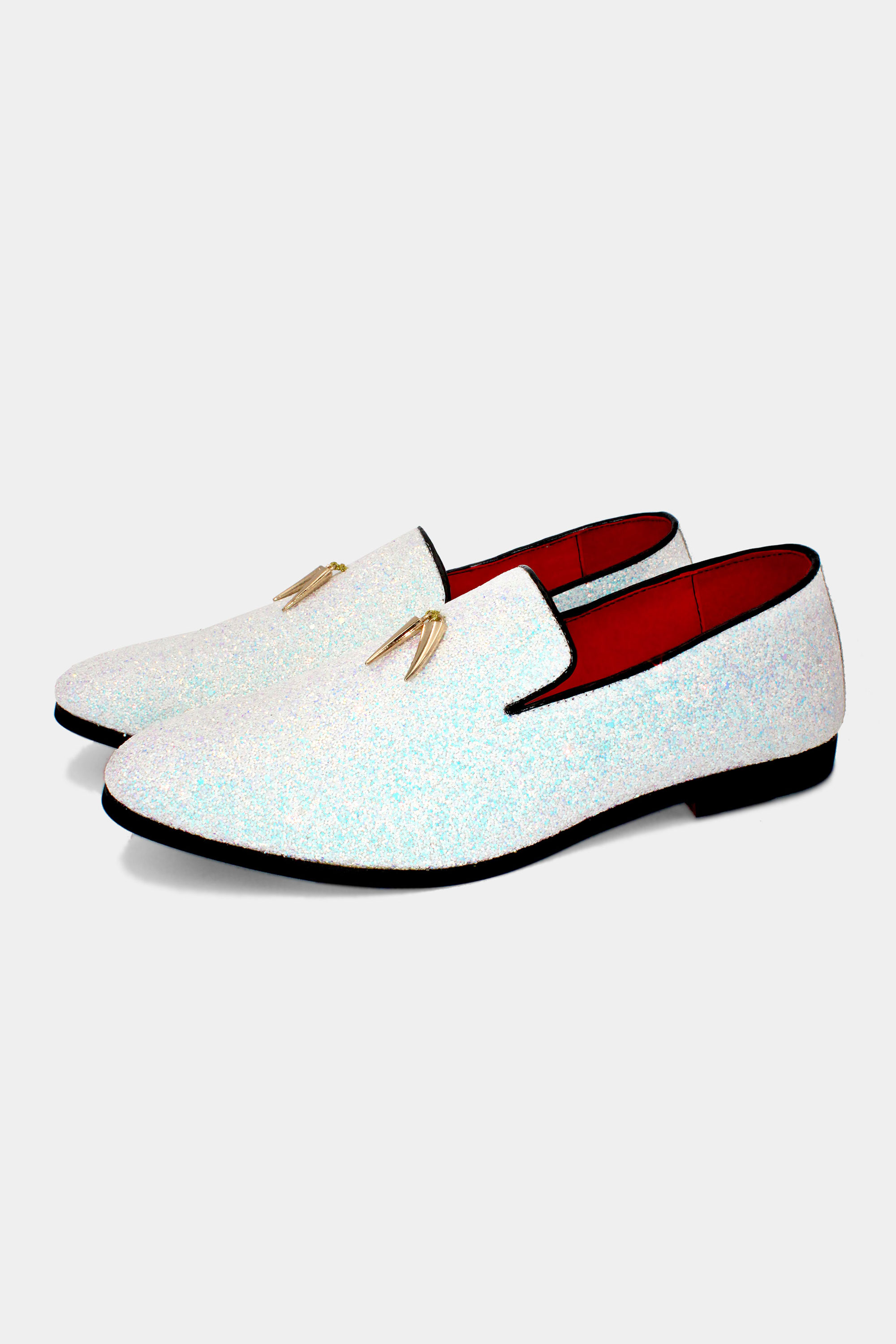 White Glitter Loafers With Tassels