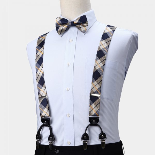 Navy BlueGold Plaid Bow Tie And Suspenders Set Gentleman's Guru
