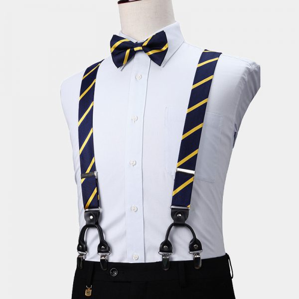 Navy Blue Striped Bow Tie And Suspenders Set Gentleman's Guru
