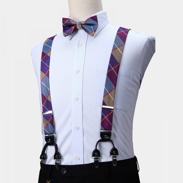 Purple Plaid Bow Tie And Suspenders Set Gentleman's Guru