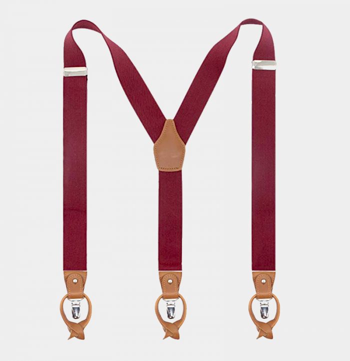 Burgundy Button End Suspenders With Brown Leather from Gentlemansguru.com