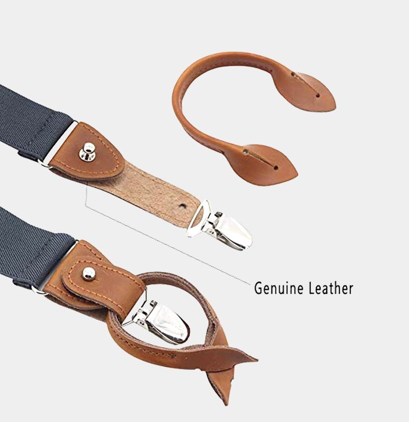 Gray Button End Suspenders With Brown Genuine Leather from Gentlemansguru.com