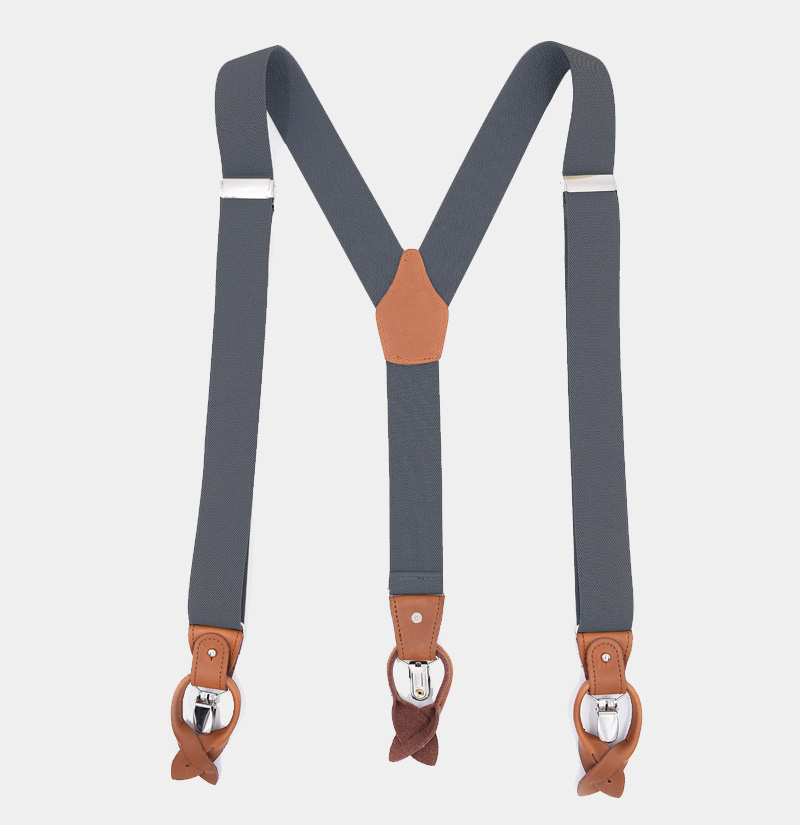 Gray Button End Suspenders With Brown Leather from Gentlemansguru.com