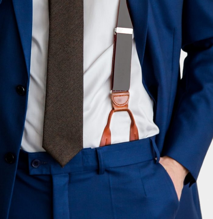 Gray Button Suspenders With Brown Leather from Gentlemansguru.com