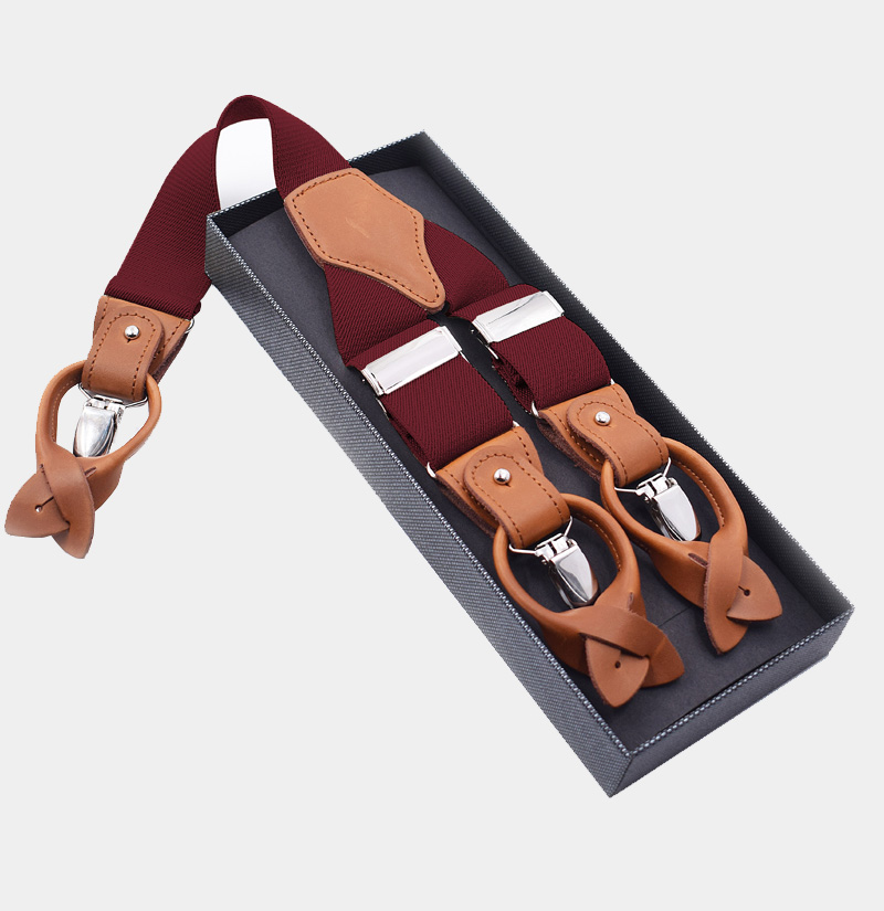 Maroon Burgundy Suspenders with Button And Clip Fasteners