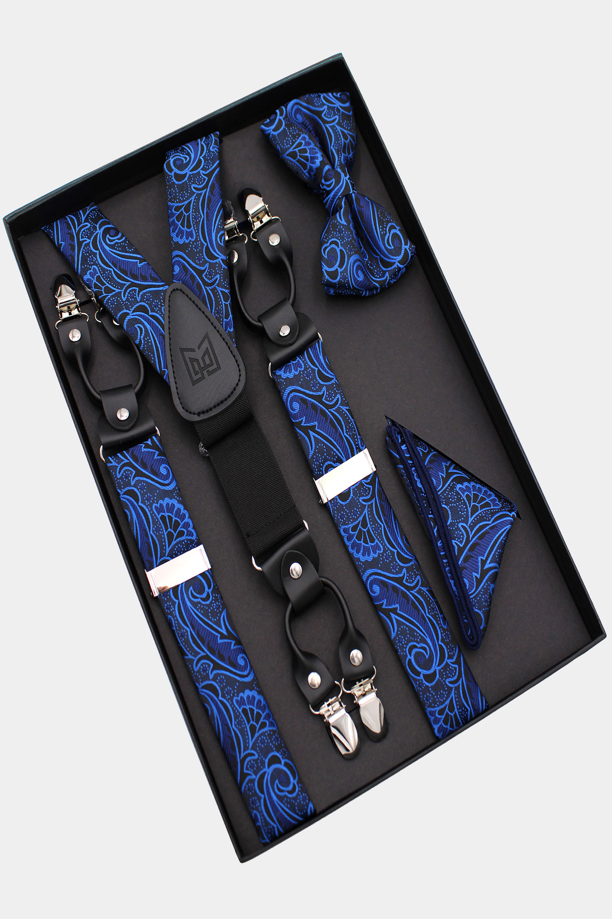 Royal Blue & Black Paisley Bow Tie & Suspenders Set