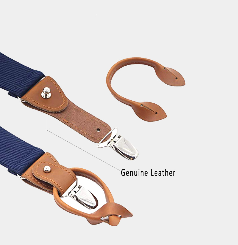 Navy Blue Button End Suspenders With Brown Genuine Leather from Gentlemansguru.com