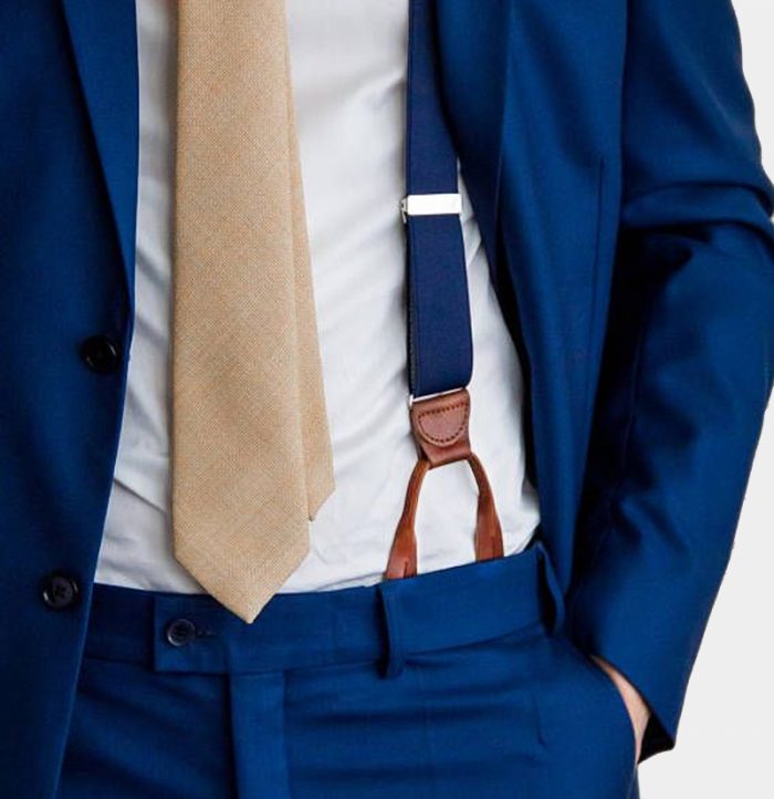 Navy Blue Button Suspenders With Brown Leather from Gentlemansguru.com