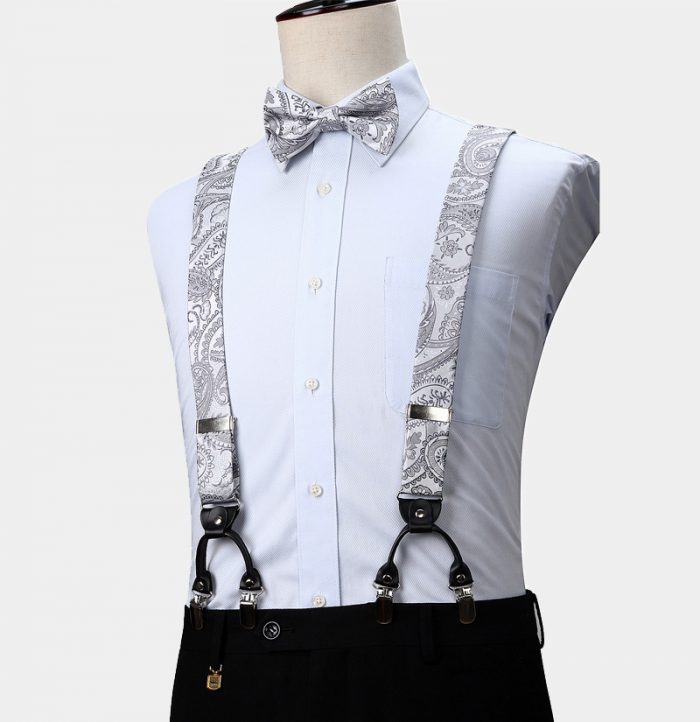 Silver Paisley Bow Tie and Suspenders Set Gentleman's Guru