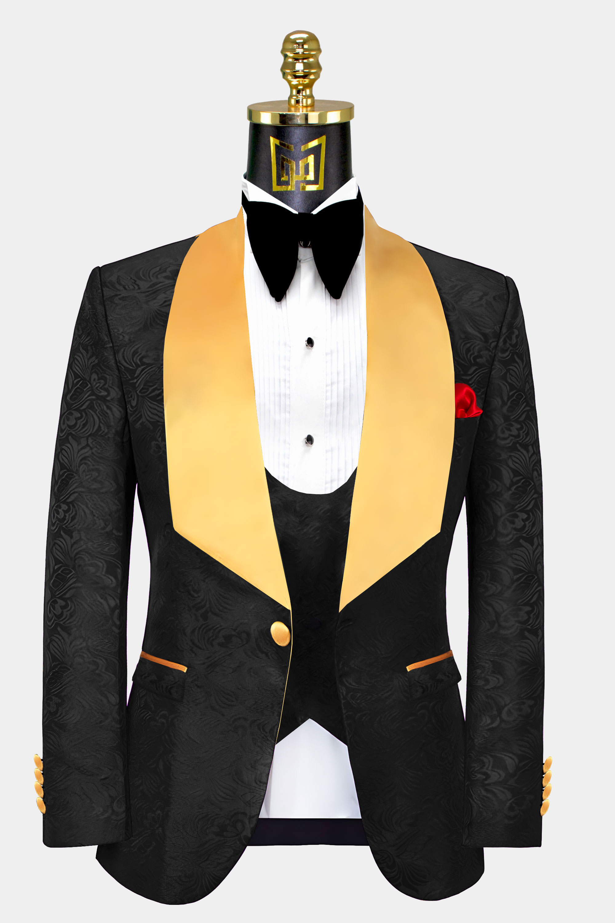 Black-Tuxedo-with-Gold-Lapel-Trim-Groom-Wedding-Suit-For-Men-from-Gentlemansguru.com