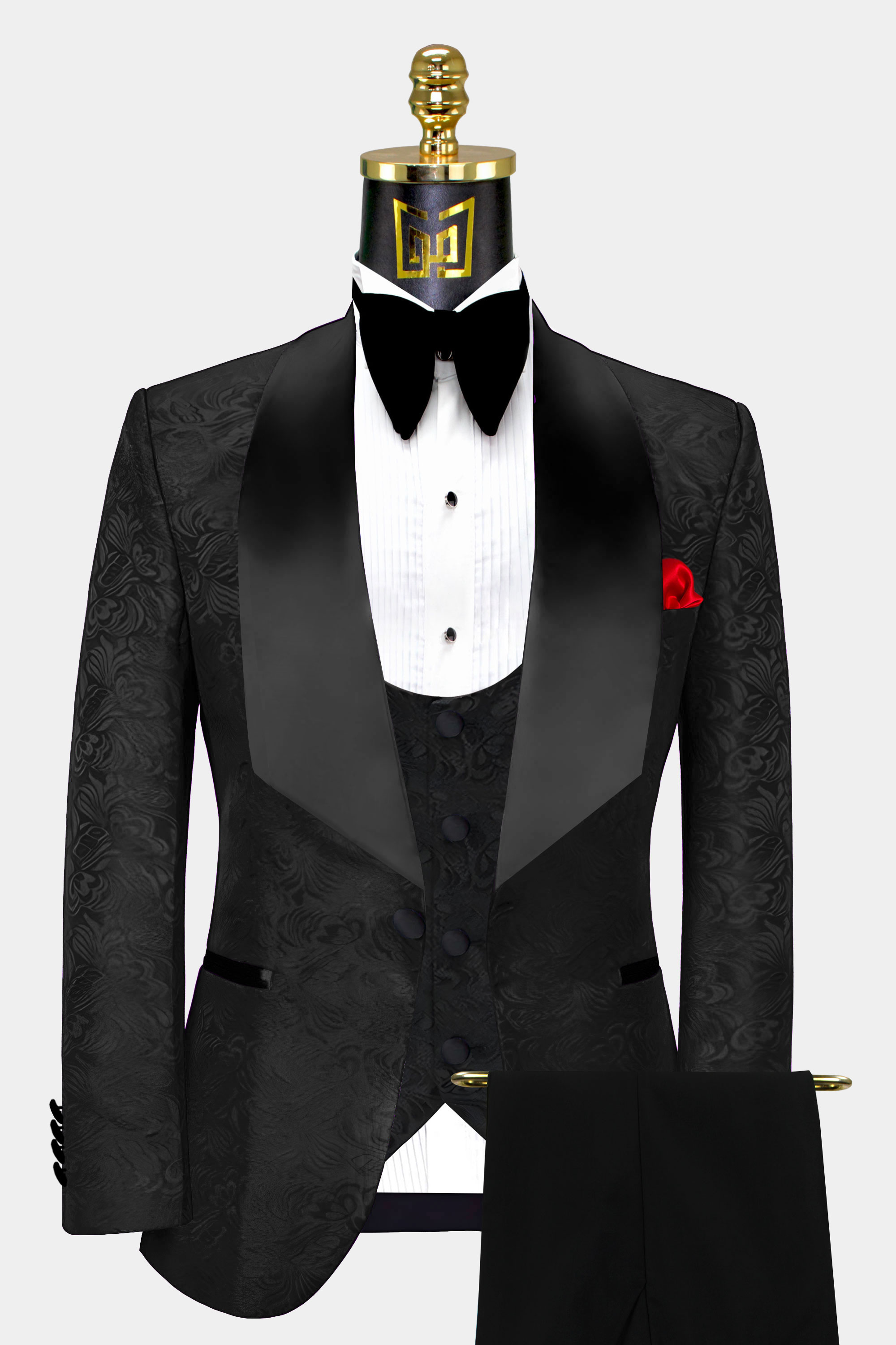 Floral All Black Tuxedo with Shawl Lapel - 3 Piece