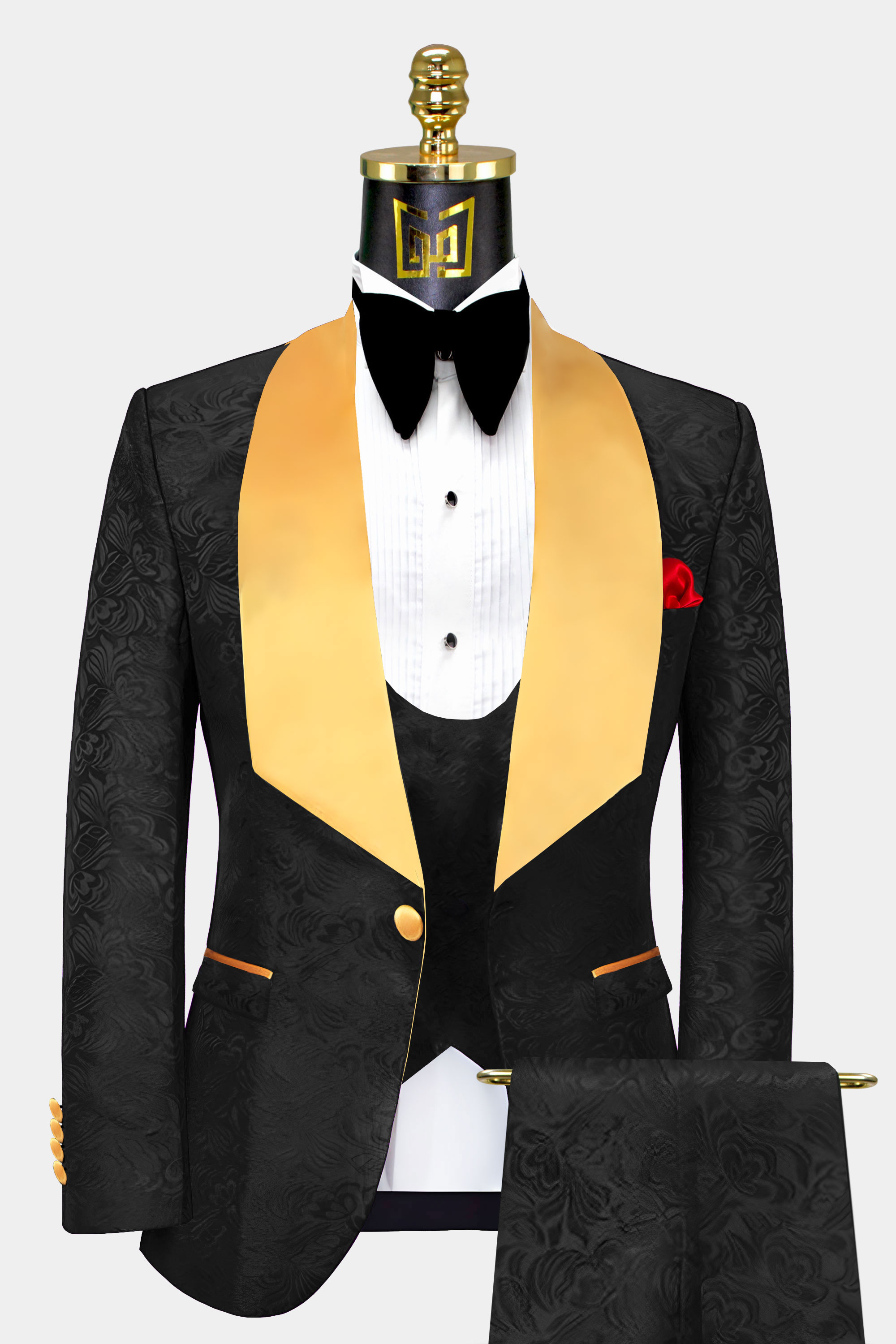 Black Floral Tuxedo with Gold Shawl Lapel - 3 Piece 42r
